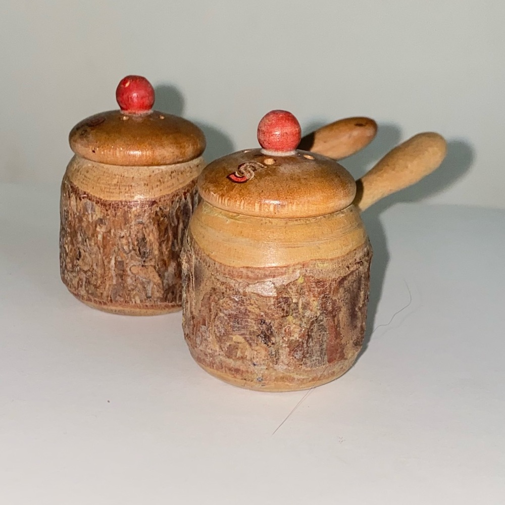 Vintage MCM Natural Wood & Bark Gavel Shape Salt & Pepper Shakers